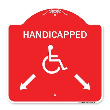 Handicapped Parking With Double Arrows, Red & White Aluminum Architectural Sign